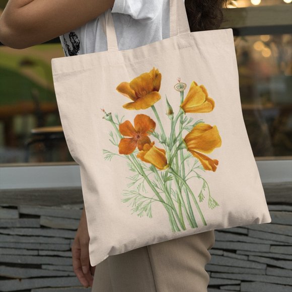 Outfit Bits Handbags - California Poppy Vintage Watercolor Floral Print Graphic Canvas Tote Bag